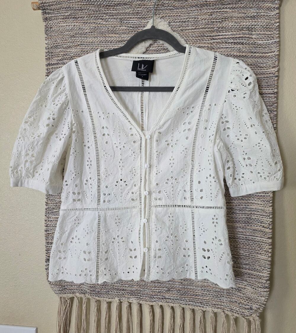 LIV Los Angeles White Eyelet Lace Blouse Women's Small Cottagecore Boho Top